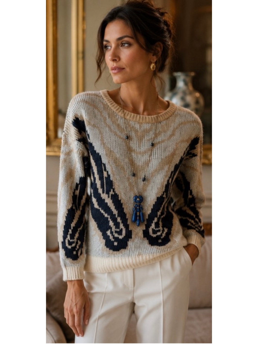 Women's Altuzarra Crew Neck Sweater Size S Beige Black Patterned Luxury Chic